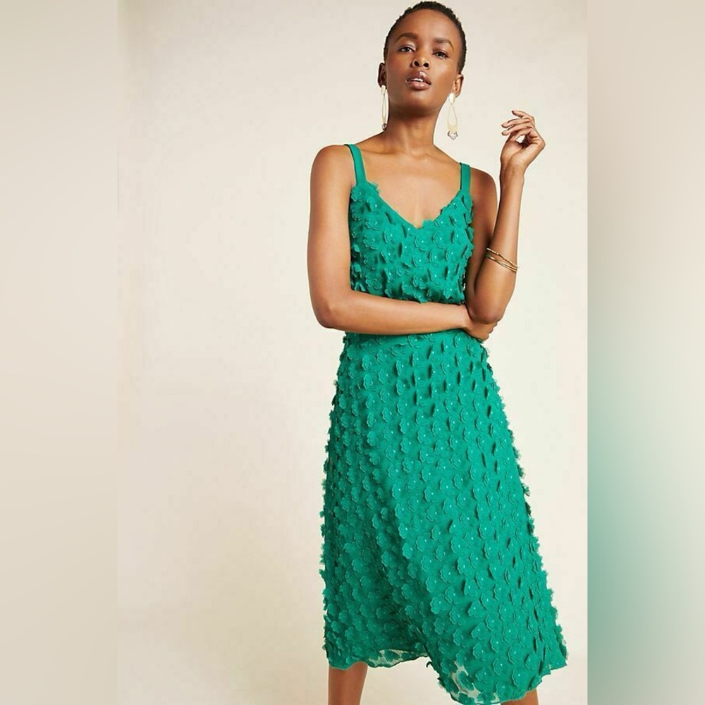Anthropologie Hanya Textured Embellished Spring Green Floral Midi Dress